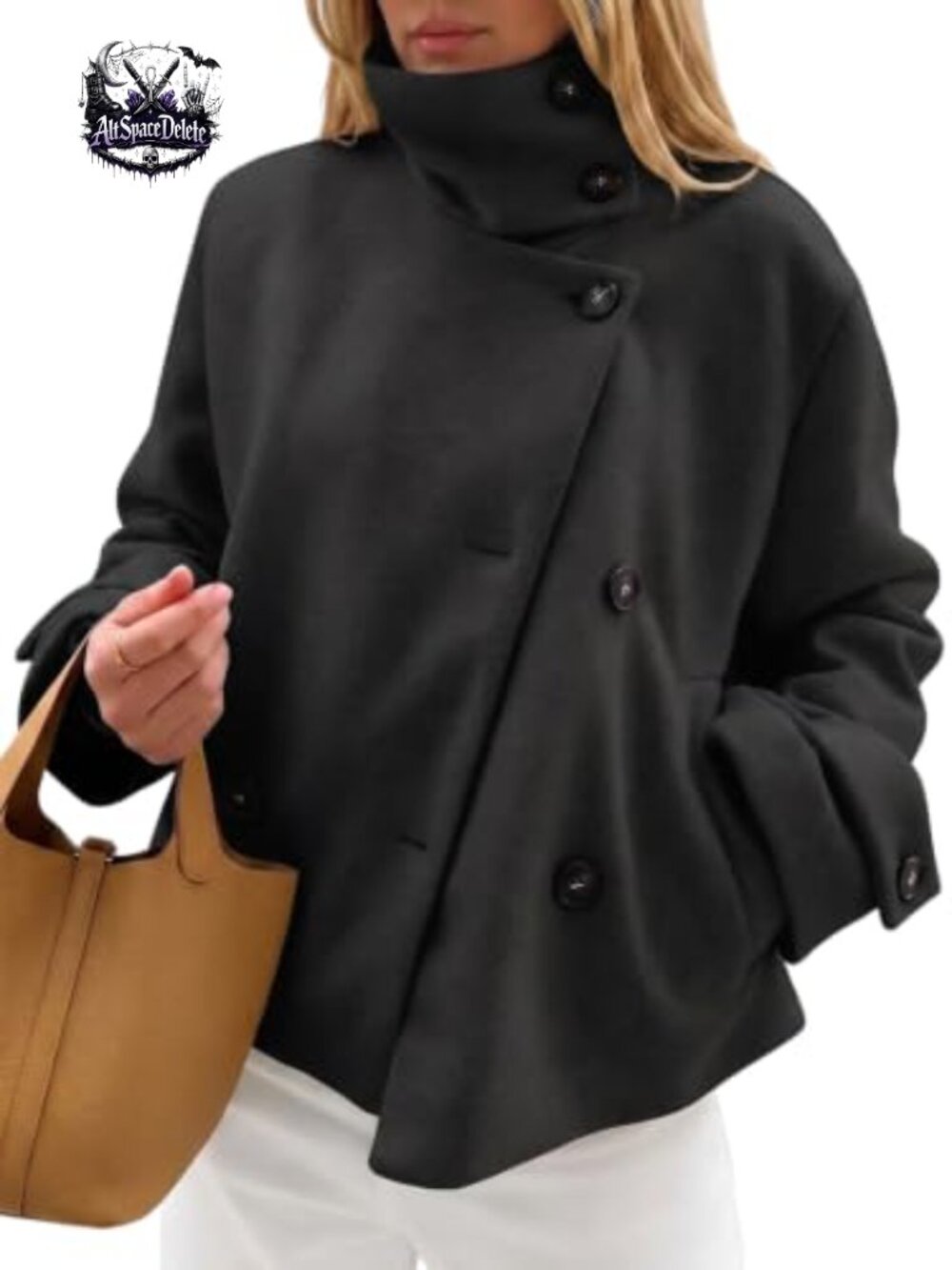 Wool Blend High Neck Short Pea Coat Casual Long Sleeve